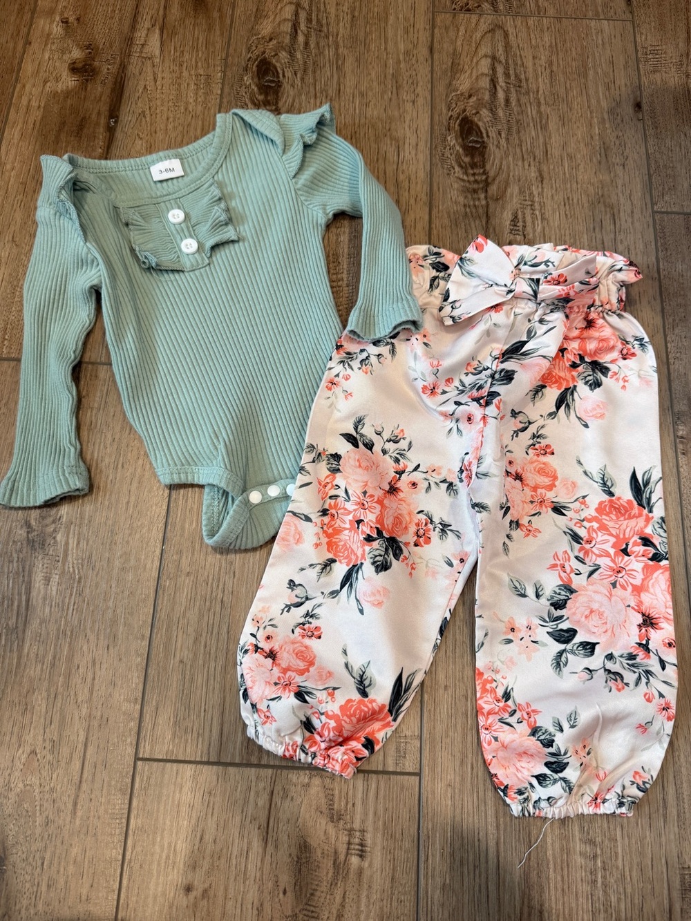Kids Floral Paperbag Pants & Sage Ribbed Bodysuit Set